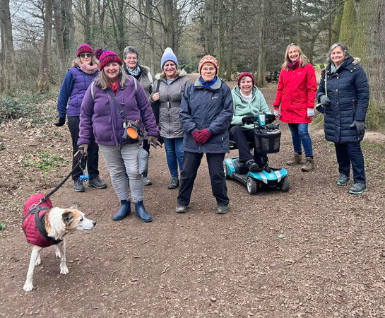Several ladies and a dog walking in the woods