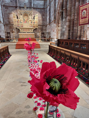 Knitted, crochetted and paper poppies decorate Shrewsbury Abbey