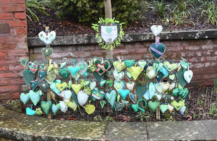 Around 200 hand-made assorted green fabric hearts displayed closely together in a flowerbed.
