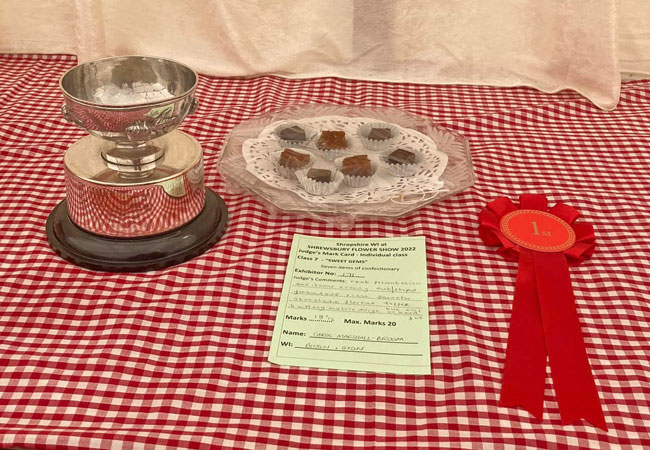 A trophy, a plate of toffees, a comments card and a rosette