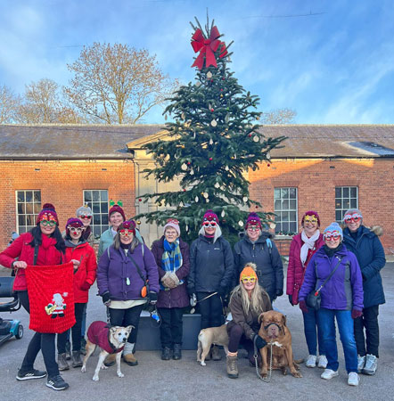 Several ladies and dogs stand in front of a large Christmas tree 
